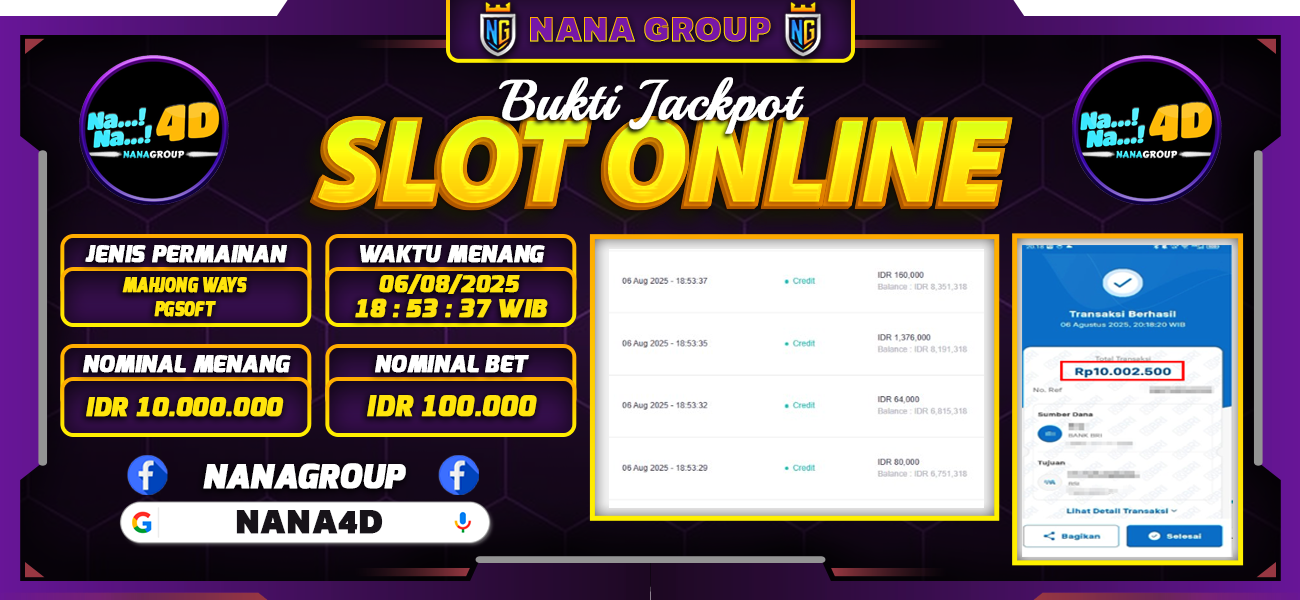 Bukti Kemenangan Besar Dibayar lunas Member NANA4D RP 10.000.000, 7 Agustus 2025